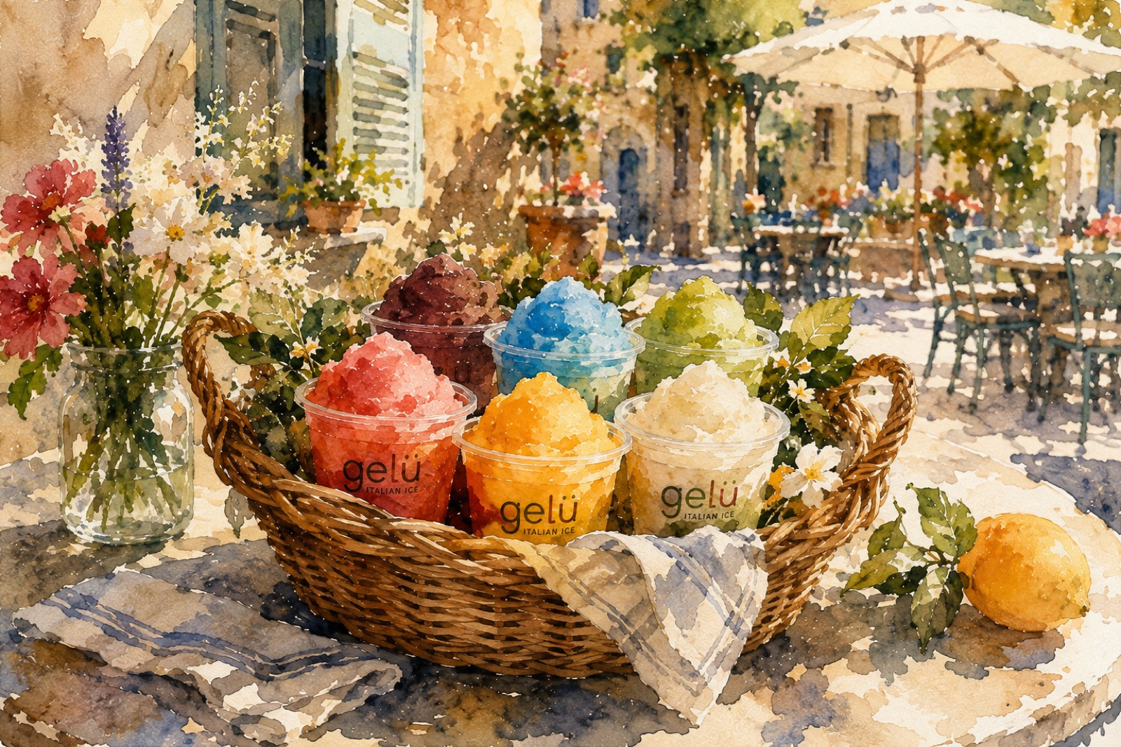 A basket of colorful Gelü Italian ice cups and fresh fruit