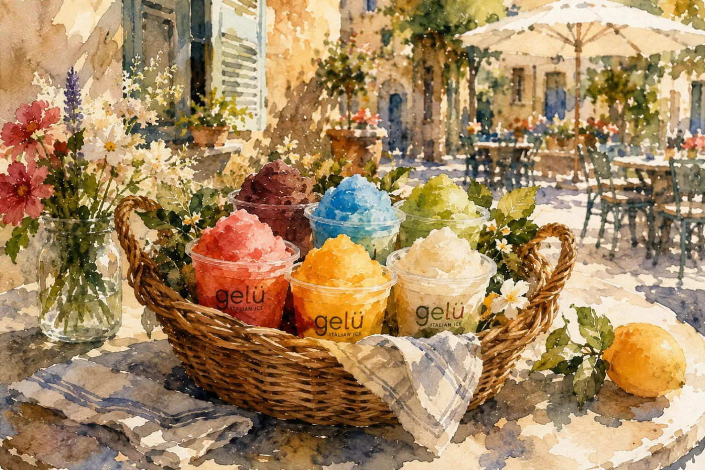 A basket of colorful Gelü Italian ice cups and fresh fruit