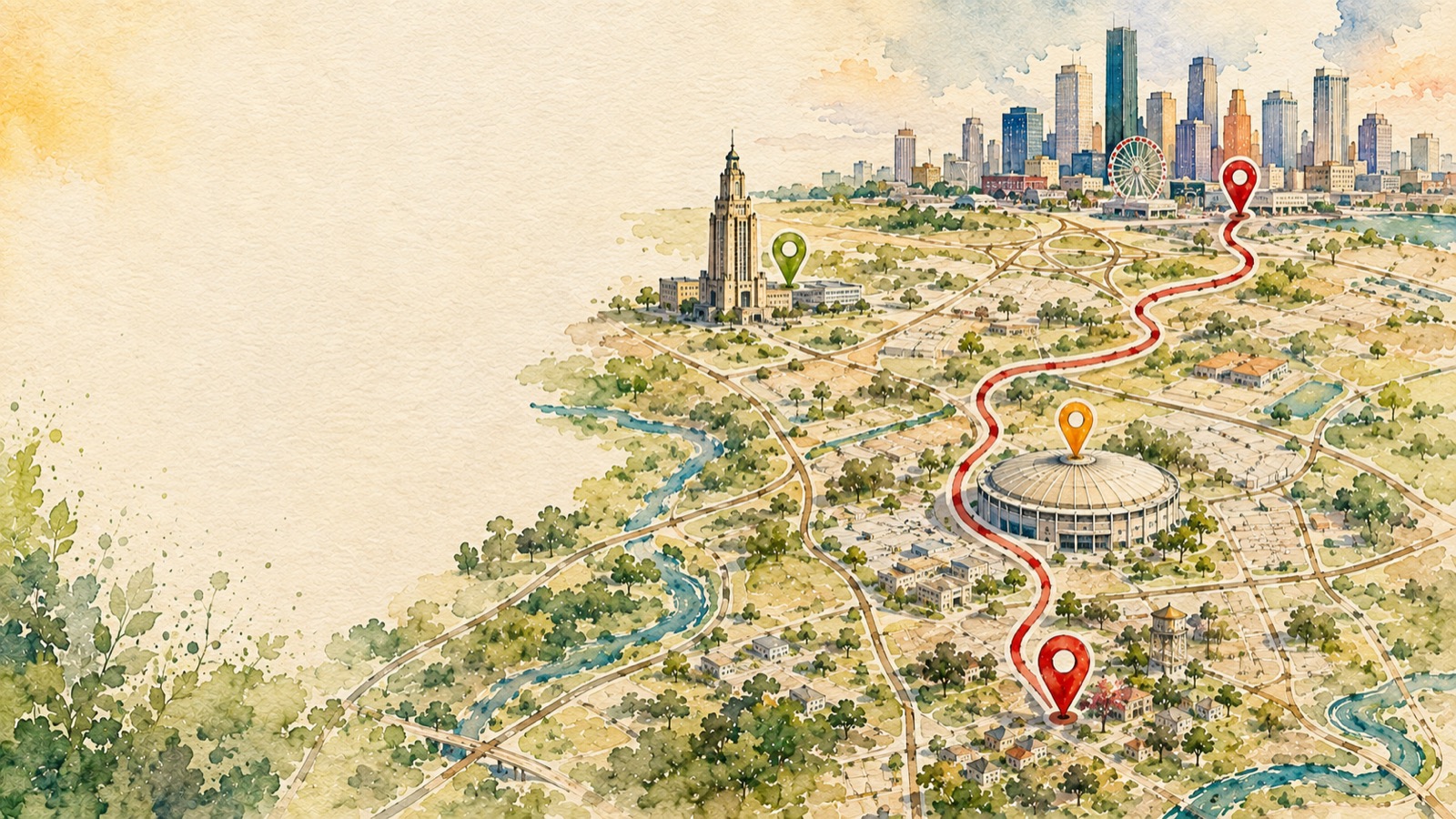 Watercolor map showing Gelü service around Pearland and greater Houston