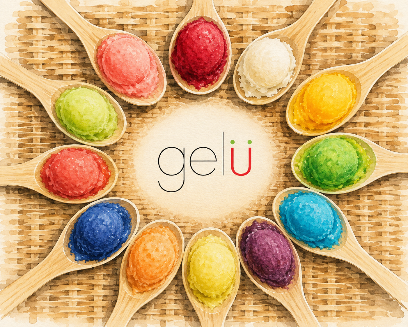 Watercolor spoons of colorful Gelü Italian ice arranged around the Gelü logo