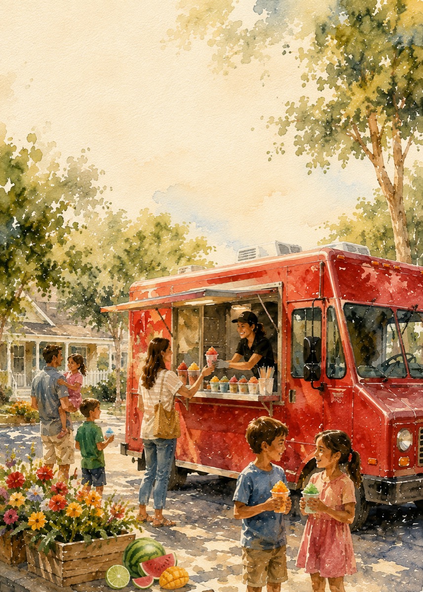 Gelü Italian ice truck serving a family